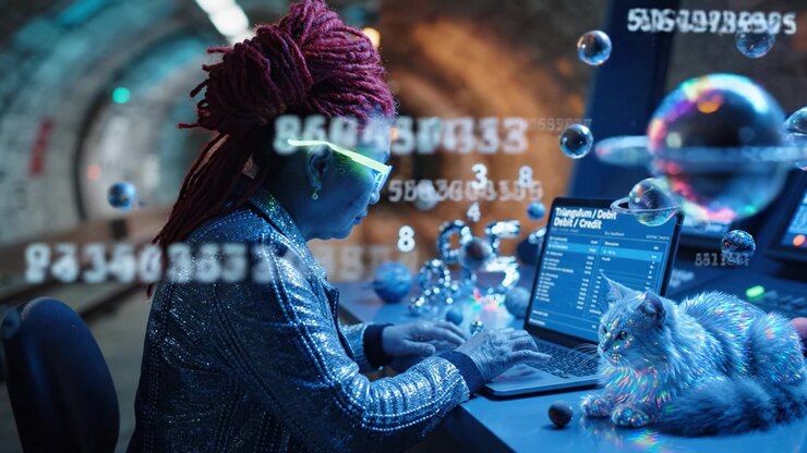 A futuristic scene showcasing a person in a glamorous outfit engaged in digital interactions with technology, accompanied by a shimmering cat in a vibrant setting.