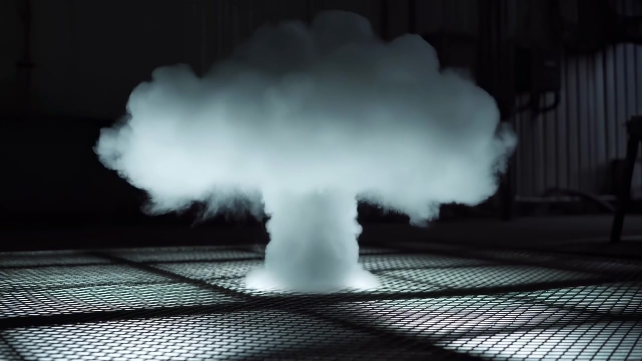 Una nuvola di vapore bianca centrale si espande sopra un pavimento in rete metallica riflettente a motivo diamantato all'interno di un interno industriale fioco, con una luce inferiore ciano fredda, diffusione morbida, forte contrasto e atmosfera.
