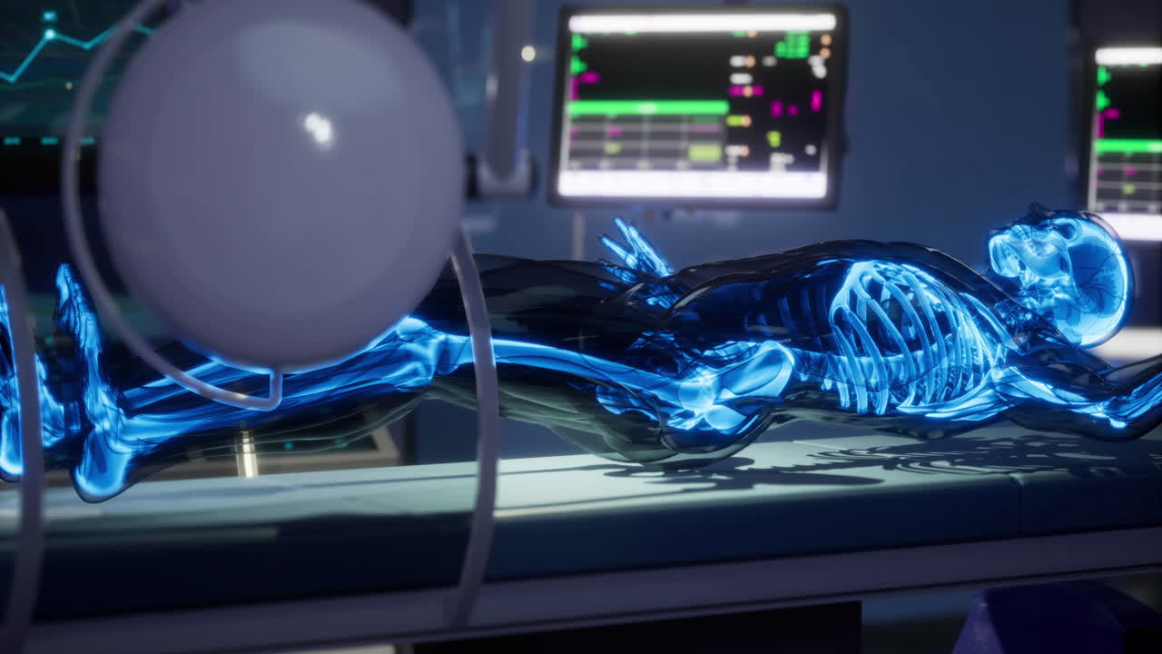 X ray visualization of human skeleton displayed in modern laboratory setting