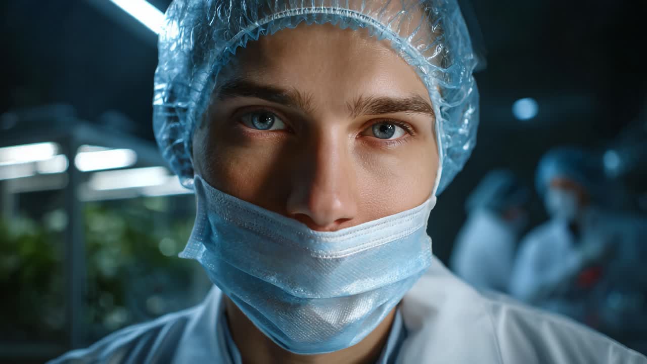 Soustředěný zdravotnický pracovník v ochranném oděvu se věnuje laboratorní práci mezi kolegy v kontrolovaném prostředí, což odráží bezpečnost a odhodlání ke zdraví