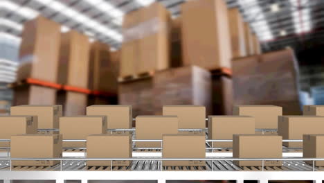 animación de cajas de cartón en cintas transportadoras en el almacén