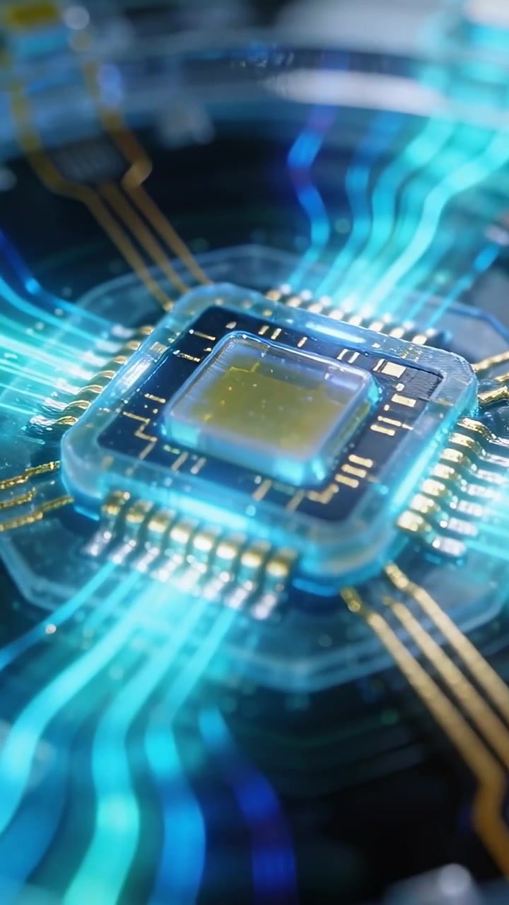 Vertikal video: Kameraet bevæger sig mod en central chip med pulserende cyan-spor på printpladen, der viser dataflow.