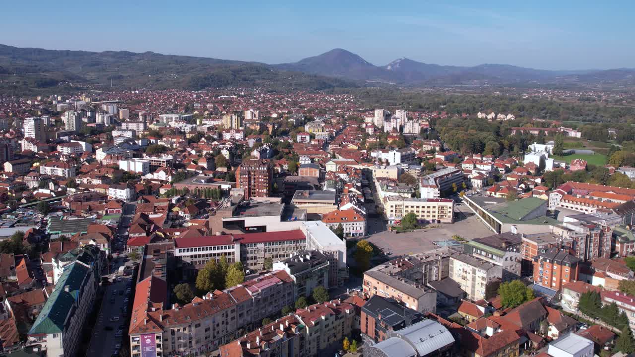 Cacak, Serbia. Panoramic Drone Shot of Cityscape, Downtown Square and Buildings