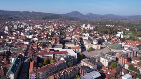 cacak, serbia. panoramic drone shot of cityscape, downtown square and buildings