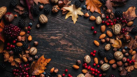 autumn leaves, berries, and nuts on wooden table