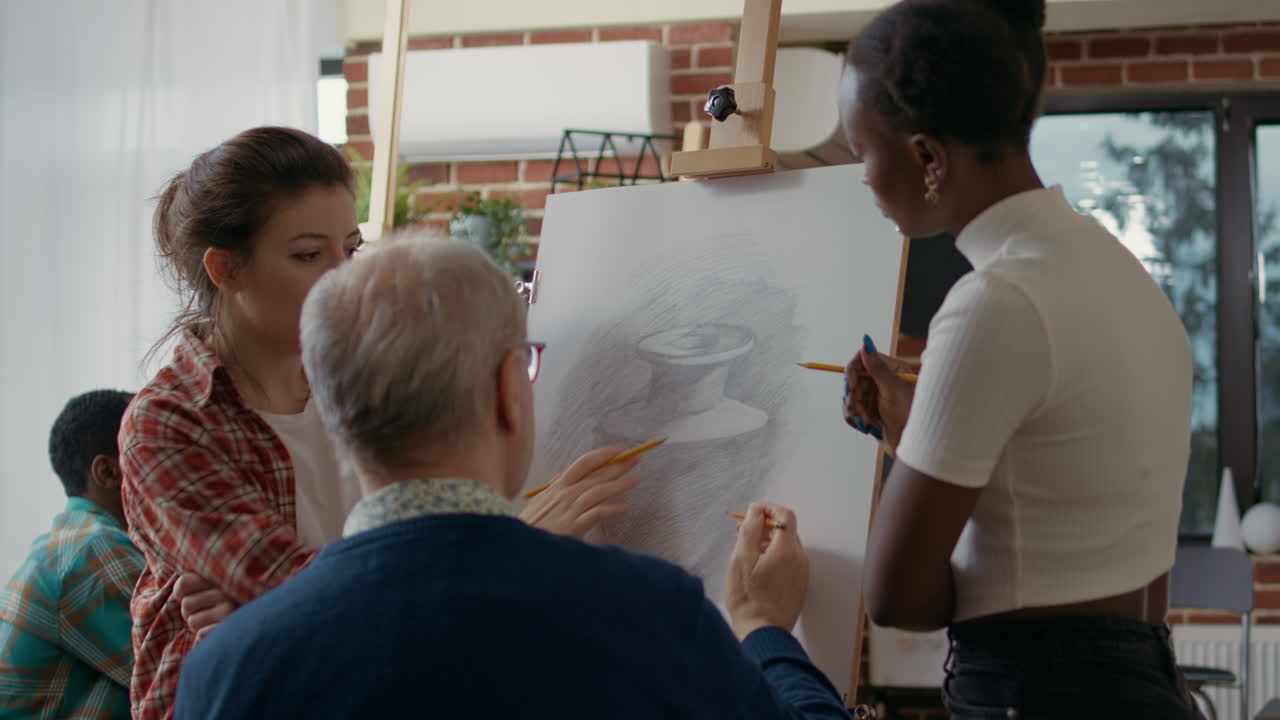 Diverse team of students giving advice to senior man in art class
