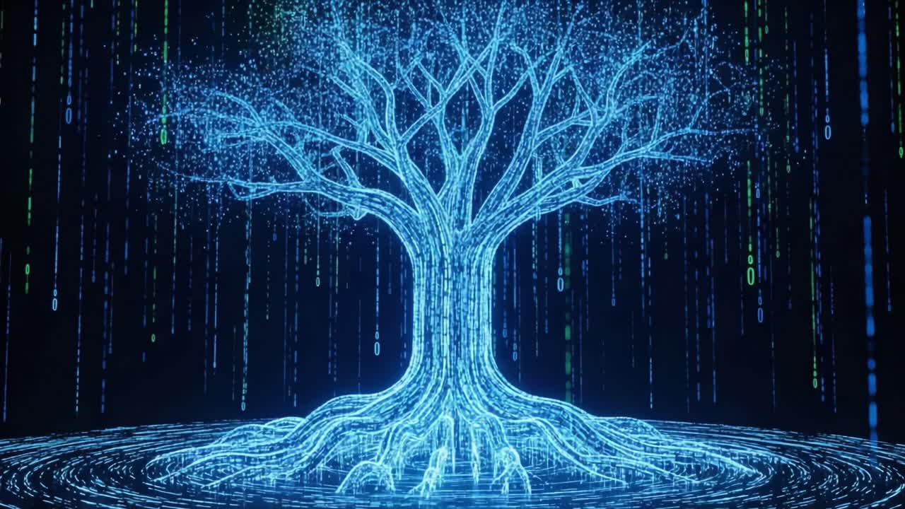 A Stunning Representation of a Digital Tree Merging Nature and Technology, Showcasing Glowing Roots and Branches Amidst a Cascade of Data Streams
