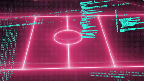 animation of blue data processing over pink neon basket court marking on black background