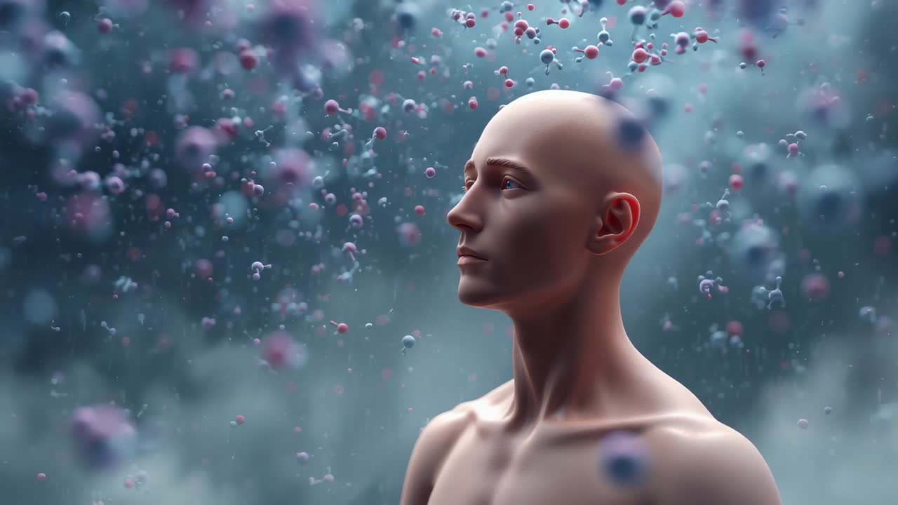 Camera orbiting bare-chested male figure in misty molecular field, with red blue spheres swirling