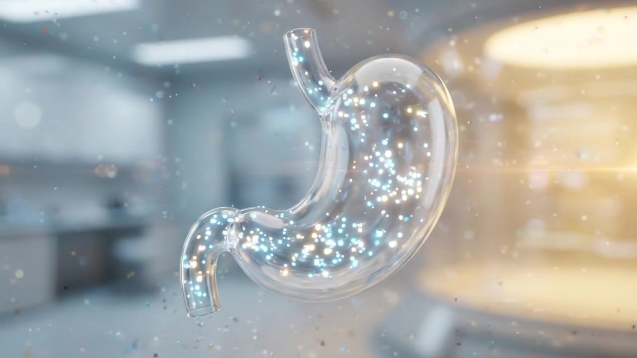 Floating human stomach filled with glowing particles inside bright clinical laboratory