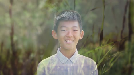 animation of smiling asian boy over moving grass