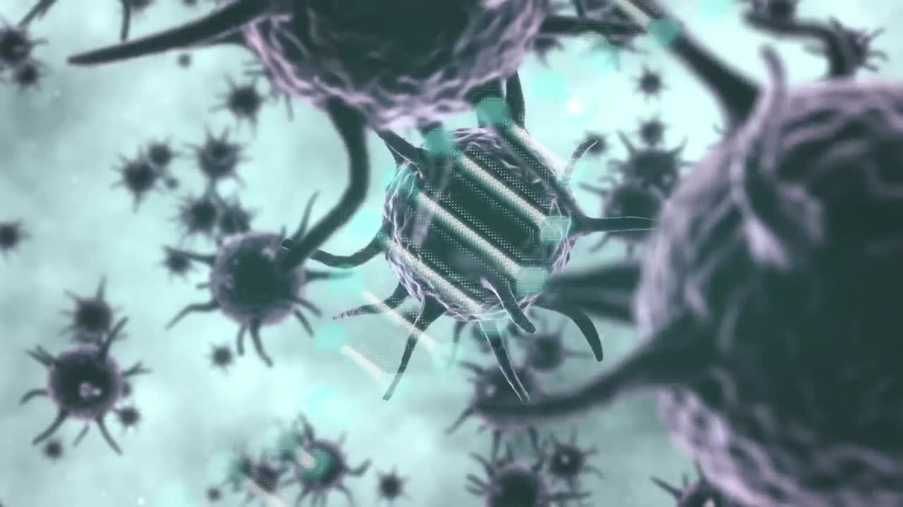 animación digital de la estructura del adn girando sobre múltiples células de covid-19 contra un fondo azul