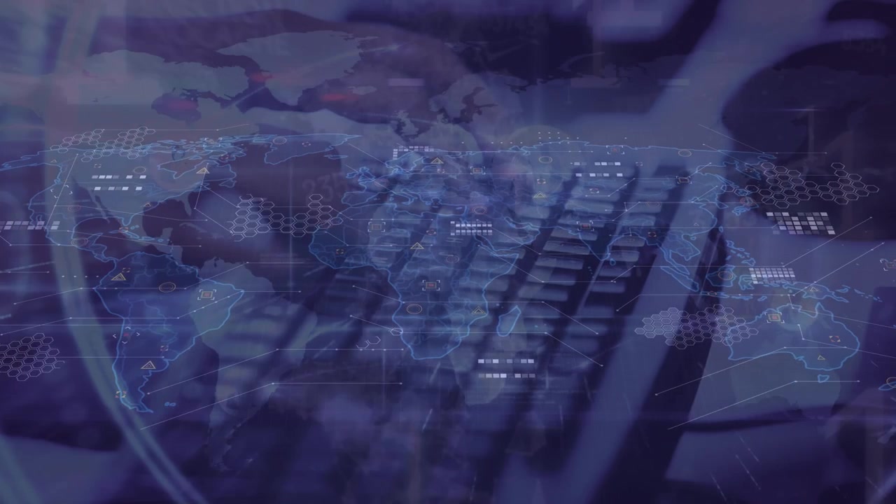 Animation of world map and data processing over hands typing on keyboard