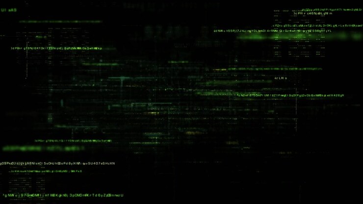 Futuristic abstract de-focus data matrix, meta, metaverse, telemetry and encrypt numbers display with particles simulation in cyber space environment for head up display background