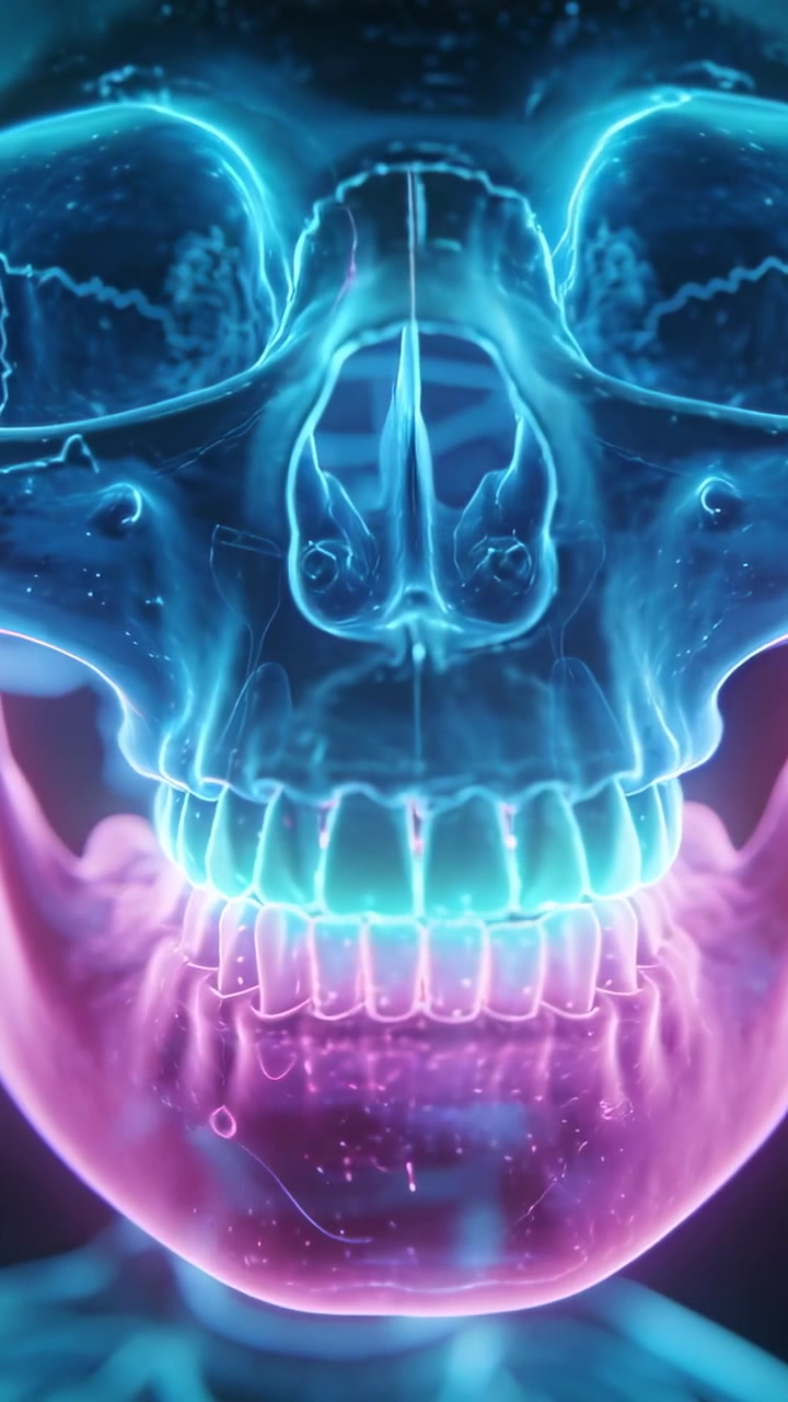 Video verticale: Telecamera che si sposta a sinistra rivelando un teschio al neon che ruota frontalmente, mostrando profondità, con mascella rosa.