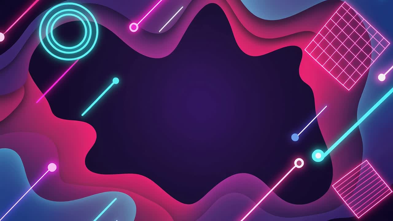 Dynamic Neon Geometric Shapes on Abstract Fluid Background