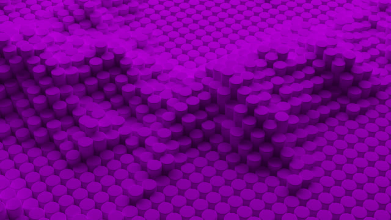 Abstract purple dark background with cylinders. Ceramic round tiles. Geometry pattern. Random cells. Polygonal glossy surface. Futuristic abstraction. Seamless loop 3d animation of 4K