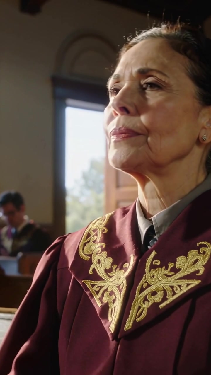 Video verticale: In risposta a un segnale liturgico, direttore del coro che proietta la voce alla finestra della chiesa, tunica bordeaux.