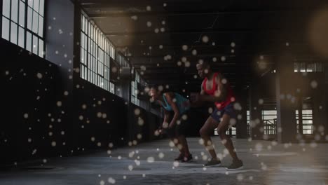 animation of spots flowing over man and woman doing burpees, exercising in gym