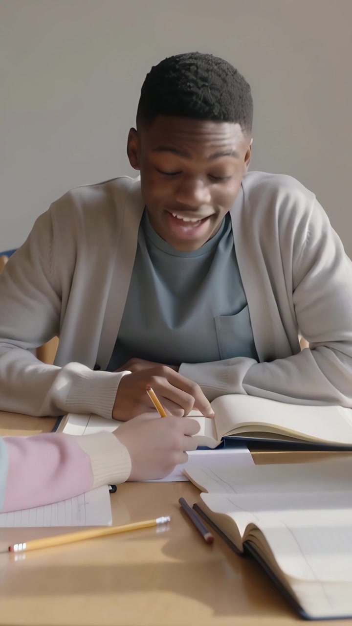 Vertikal video: Lesende student ved pulten tar blyant mens en kvinne peker, veileder og skriver notater