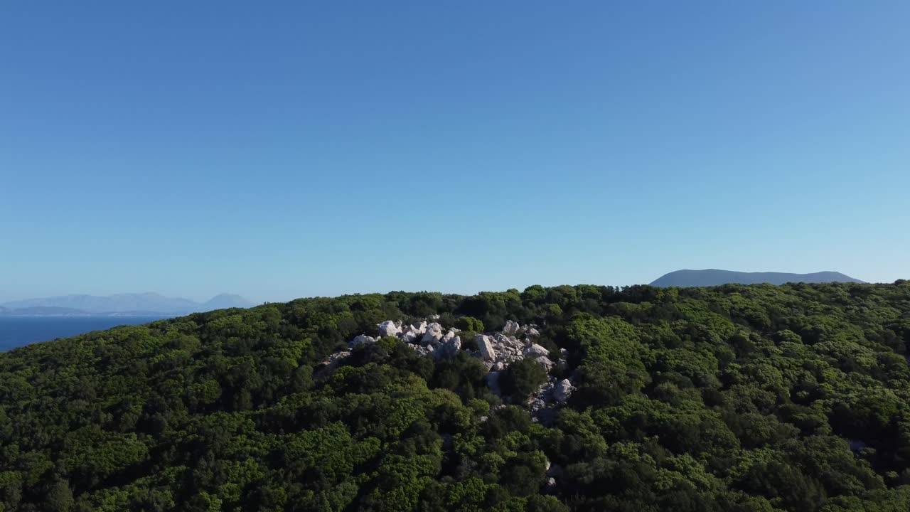 공중 - 깊고 푸른 바다가 있는 무성한 녹색 숲