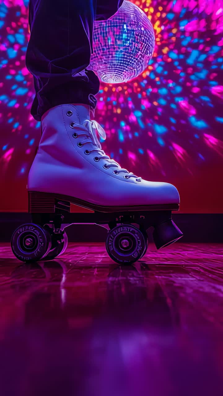 Vertical video: Rocking white skate in cuffed pants on floor, disco ball turning and casting spots