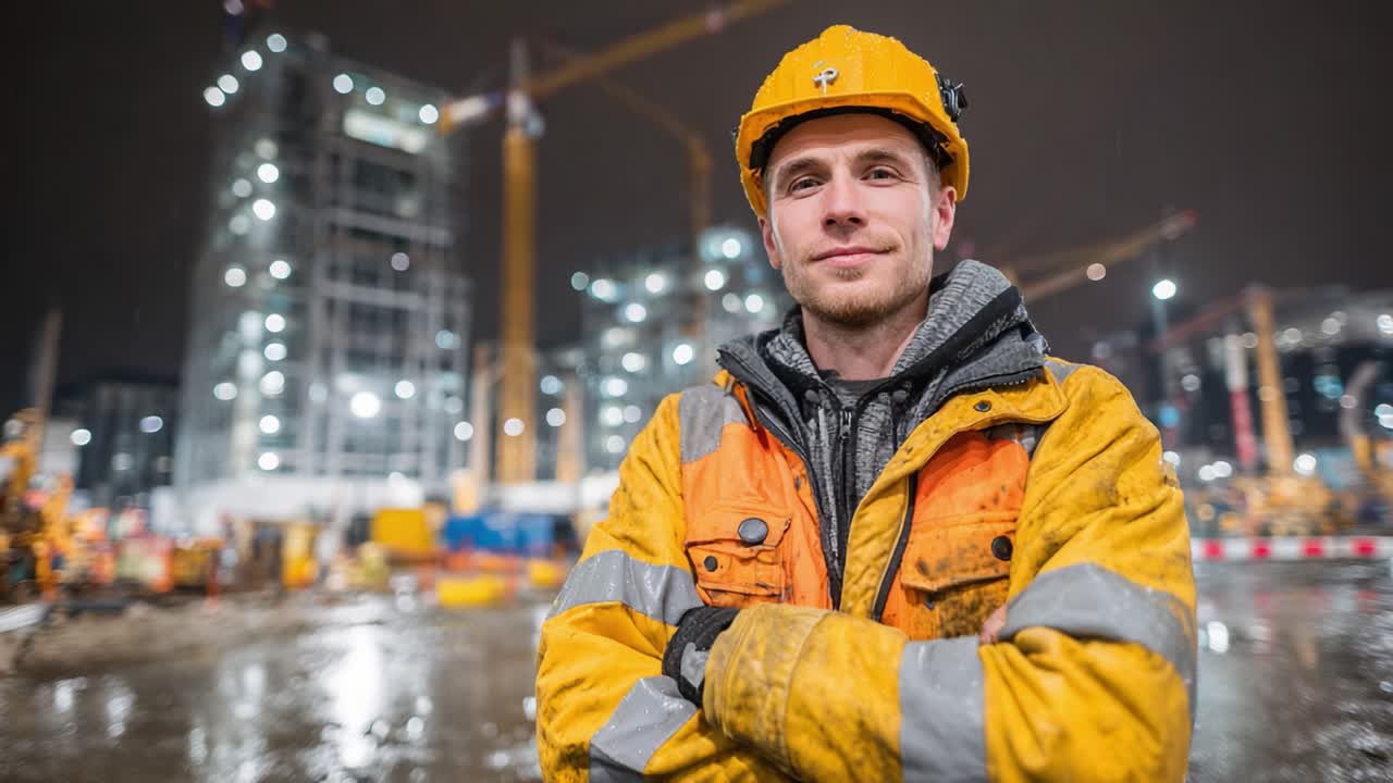 Operaio edile specializzato che posa in modo sicuro in un cantiere notturno, mostrando l'equipaggiamento di sicurezza e il lavoro di sviluppo urbano