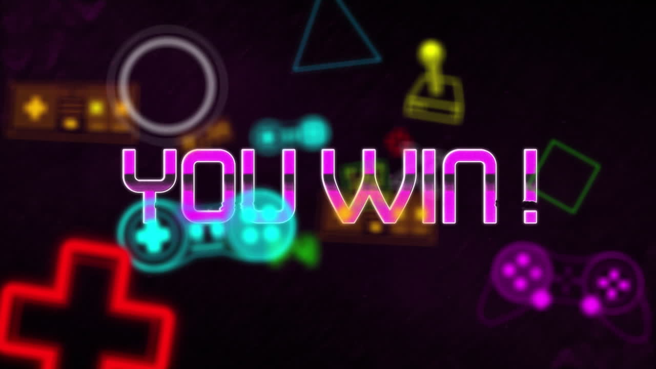 검은 바탕에 있는 여러 비디오 게임 컨트롤러 아이콘 위에서 텍스트 배너를 이기는 애니메이션