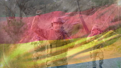 animación de la bandera de alemania sobre diversos soldados masculinos caminando con armas.