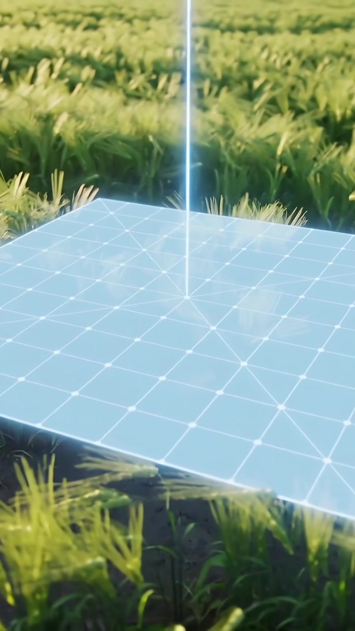 Video verticale: Un raggio blu colpisce un piano a griglia luminoso in un prato, creando una leggera increspatura.
