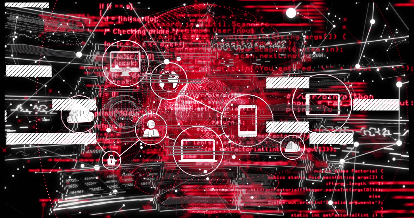 Pulsing red sphere emerging, cloud icon appearing, glitch bars shifting, icons linking for security