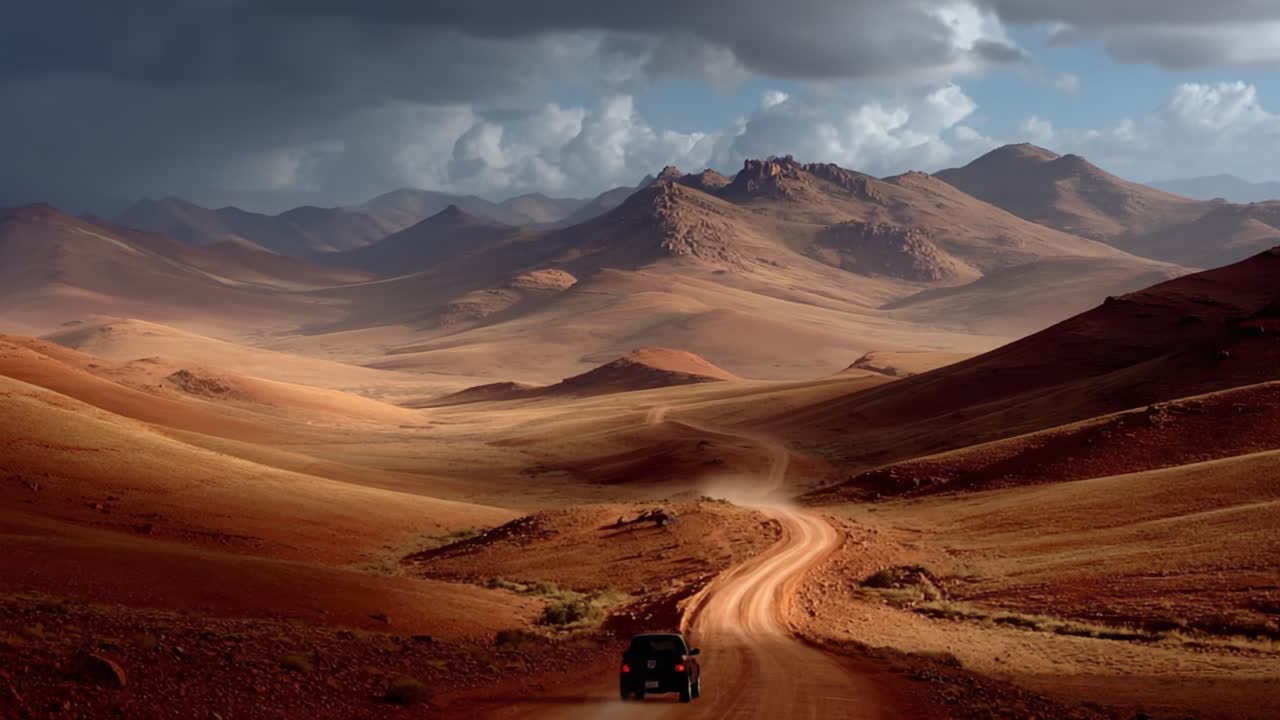 A Windy Dirt Road Surrounded by Majestic Mountains in a Rugged Landscape Under Dramatic Skies, Capturing the Beauty of Nature's Raw Terrain