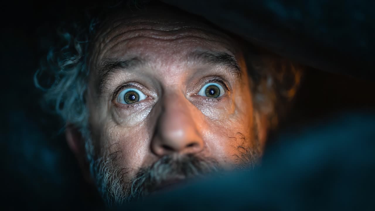 A Surprised Man Gazing Upward in Awe Beneath a Dark Covering, Capturing a Moment of Shock and Wonder in His Expression and Eyes