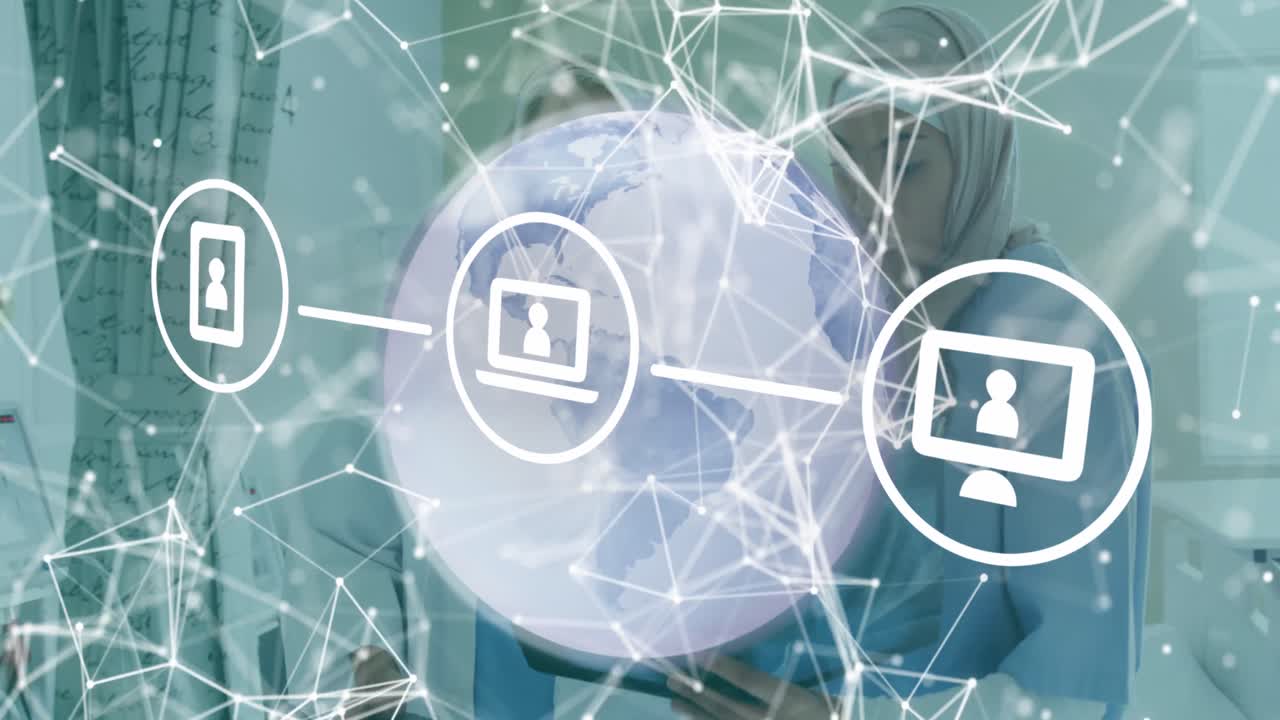 animación de una red de iconos digitales sobre una mujer caucásica que habla con un paciente masculino.