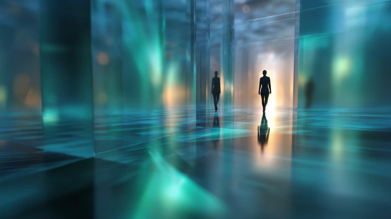 A Journey Through an Ethereal Space: The Solitary Figures Navigate a Dreamlike Environment Filled with Reflections and Light in a Digital Realm