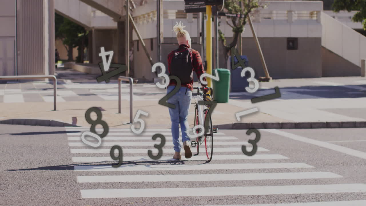 Walking bicycle across crosswalk, person surrounded by floating numbers animation