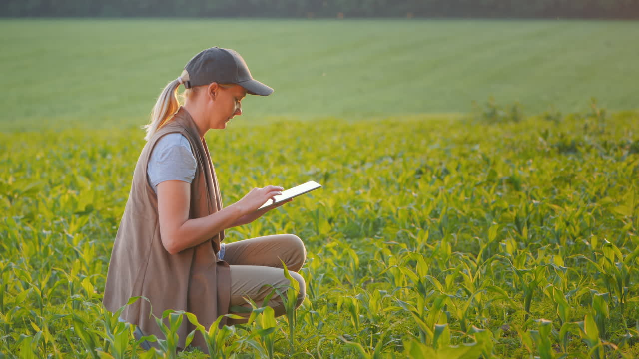 Un agricoltore lavora in un campo di mais giovane usando un tablet. Vista posteriore.