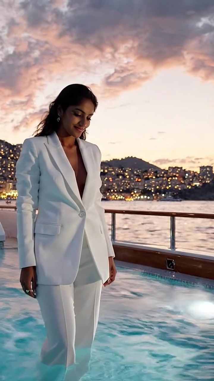 Mujer Elegante con un Traje Blanco de Pie Junto al Agua en un Yate de Lujo, Rodeada de una Vista Panorámica del Atardecer y Luces Brillantes de la Ciudad al Fondo