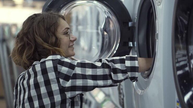 A young positive woman in a plaid shirt choosing washing machine in the shop of household appliances. Look inside to the open door and smiling. Side view. Slow motion