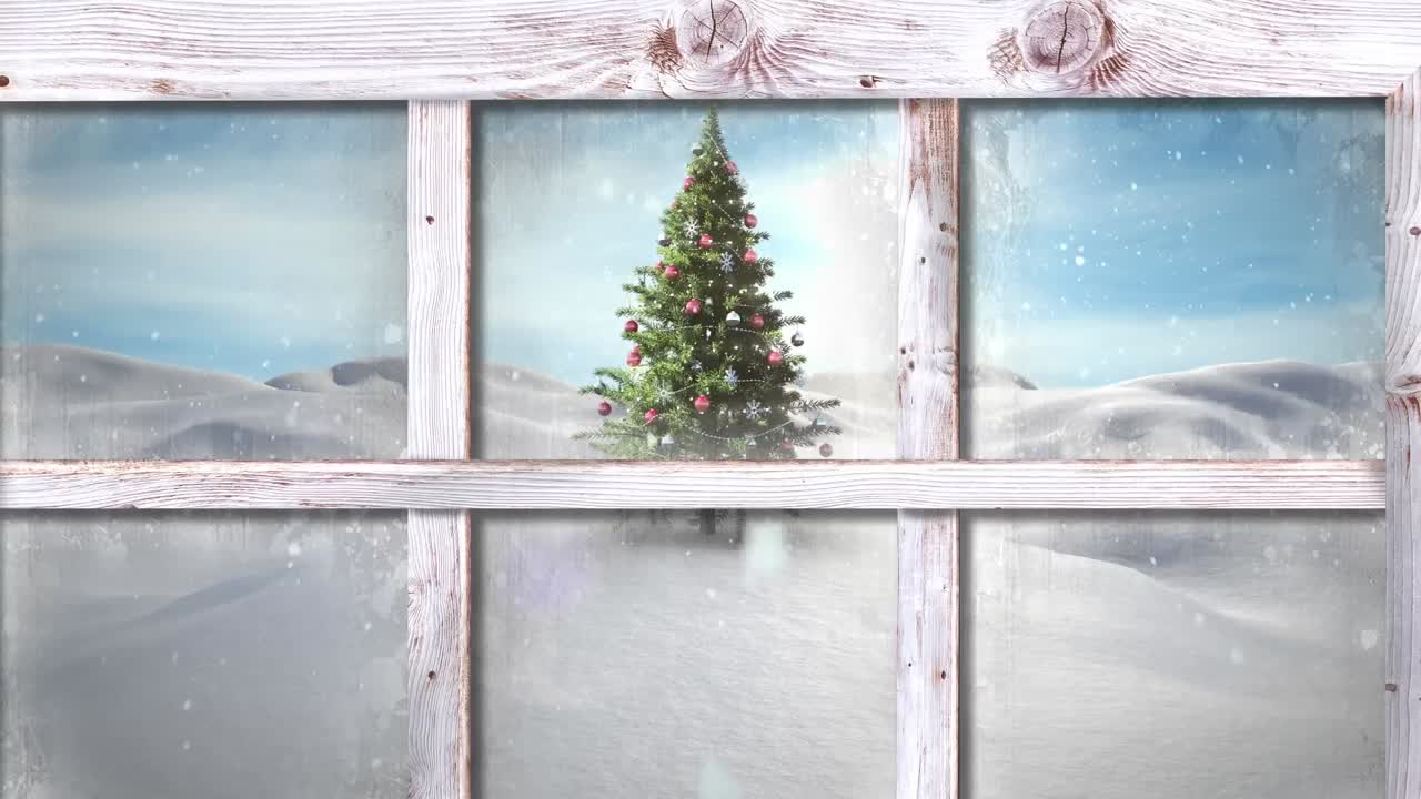 Wooden window frame against snow falling over christmas tree on winter landscape
