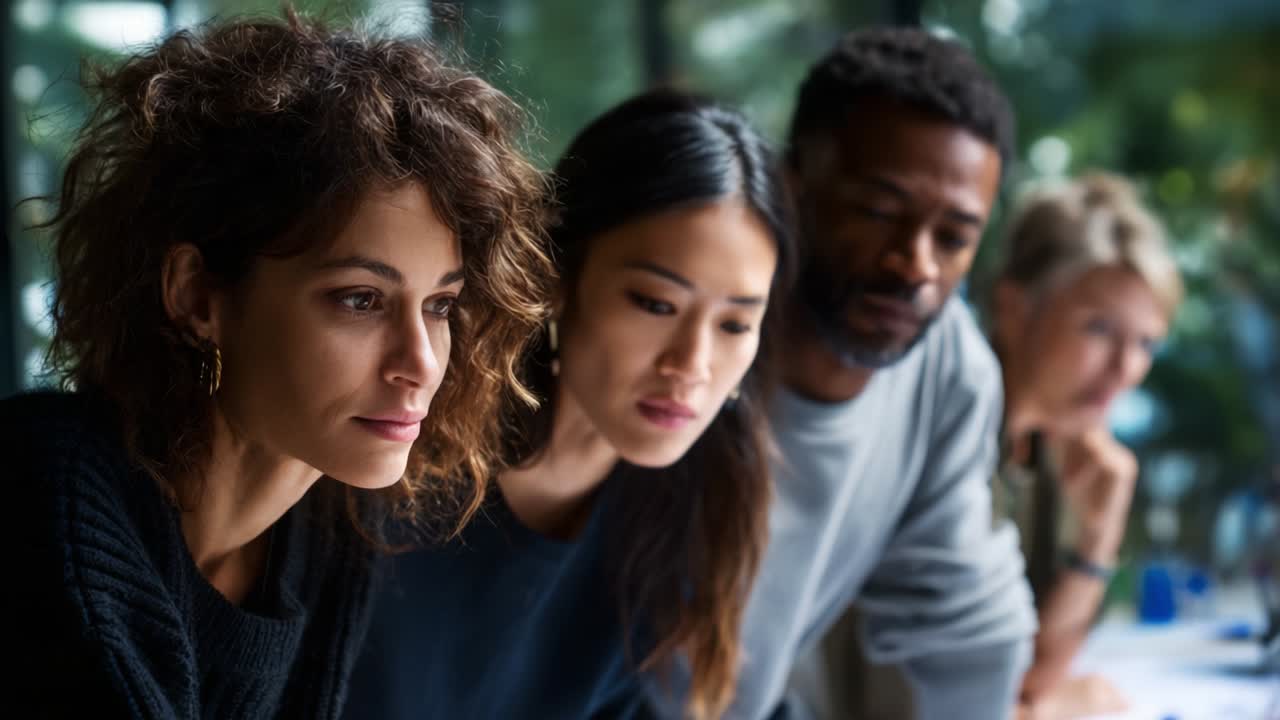 Focused Observations: A Group of Professionals Deeply Engaged in Collaborative Work, Analyzing Data and Ideas Together in a Modern Workspace, Combining Their Expertise and Insights for Potential Solutions