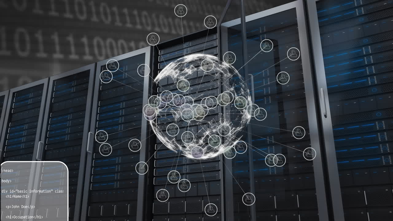 Animation of globe with icons and binary coding data processing