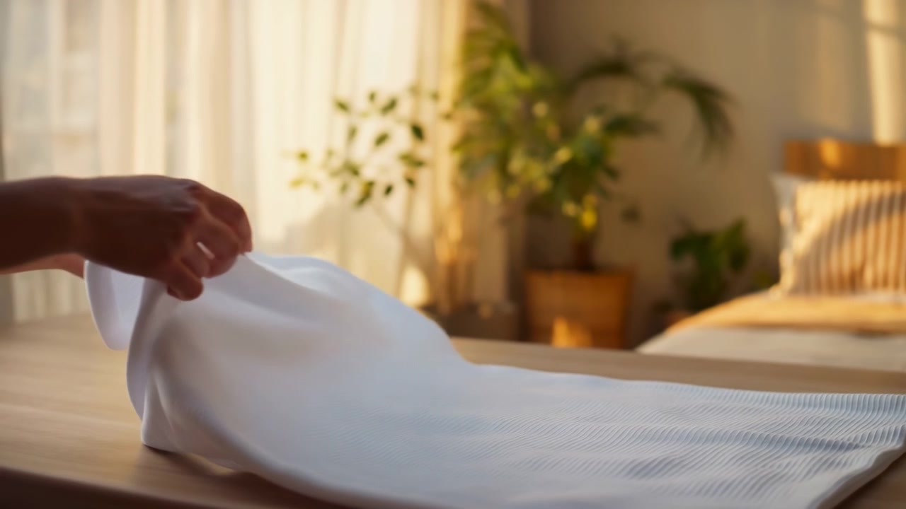 Mani piegano con cura un lenzuolo bianco su un letto in una camera da letto calda con luce solare soffusa, mobili in legno, biancheria da letto chiara, tende e piante d'appartamento verdi sullo sfondo.
