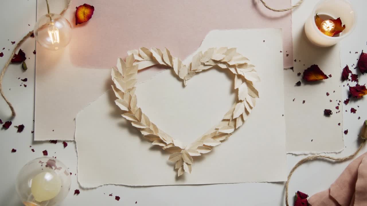 Vela parpadeante y luces que proyectan reflejos sobre una corona de corazones de papel en una mesa rosa