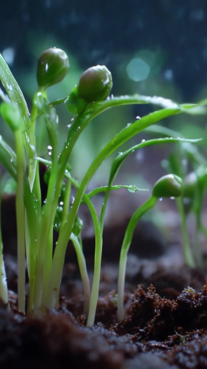 Primo piano di germogli di piante verdi freschi con goccioline d'acqua