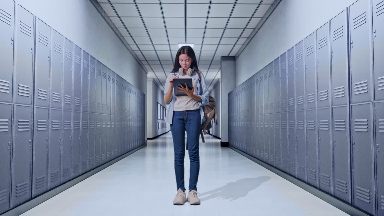 estudiante usando la tableta en el pasillo de la escuela