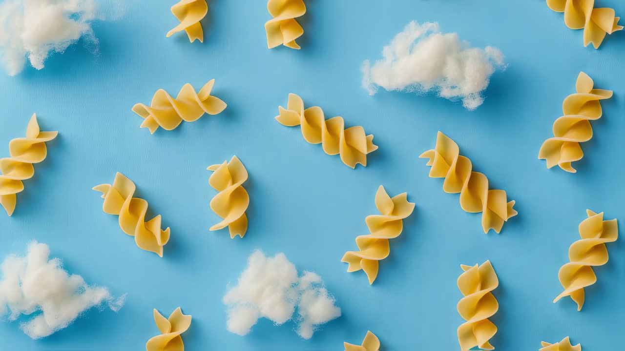 Minimalist culinary landscape featuring fusilli pasta pieces and cotton like clouds floating across soft blue backdrop, creating whimsical surreal visual narrative