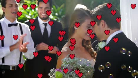 animación de corazones rojos sobre pareja caucásica casándose