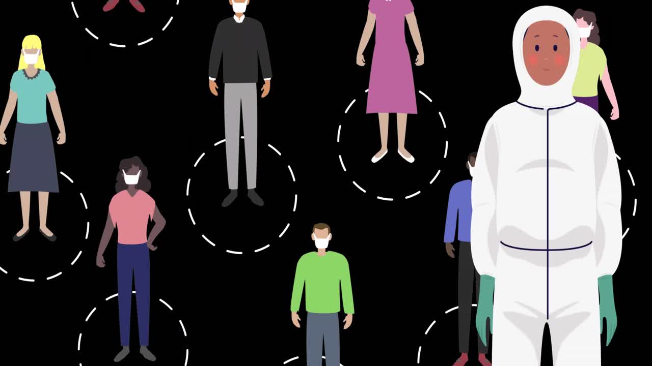 animación de la caída de las células de covid 19 máscara facial sobre las personas que llevan máscaras faciales