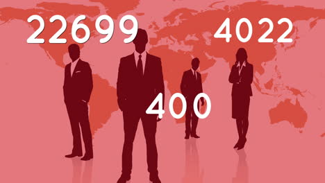 Digital animation showcases global business growth with numbers and silhouettes.